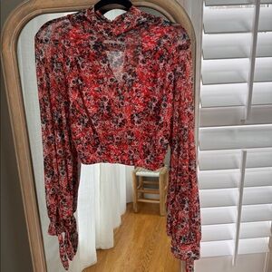 Free People Cropped Long Sleeve Red Floral Top